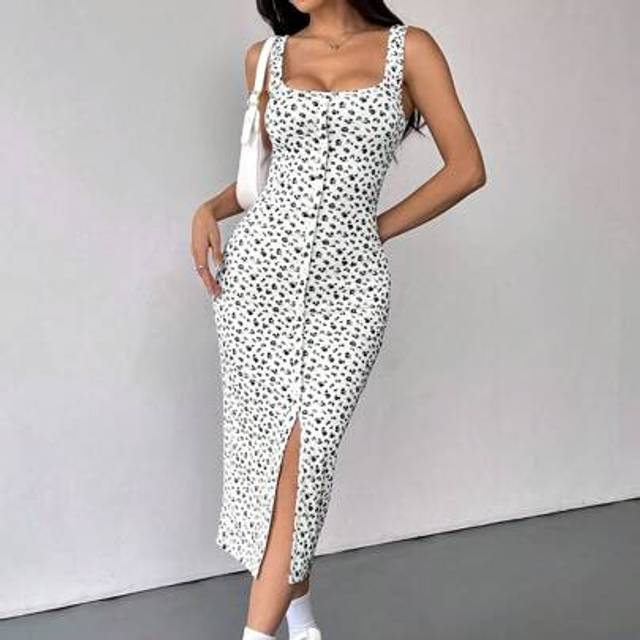 Flirla Button Front Square Neck Split Thigh Tank Dress Maxi Women Outfit