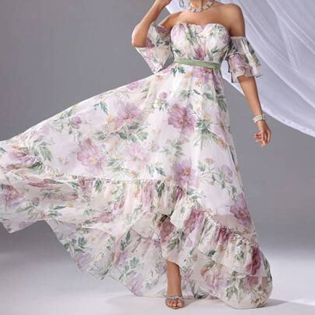 SHEIN Women&#39;s Floral Print Ruffled Hem Off Shoulder Elegant Bridesmaid Dress