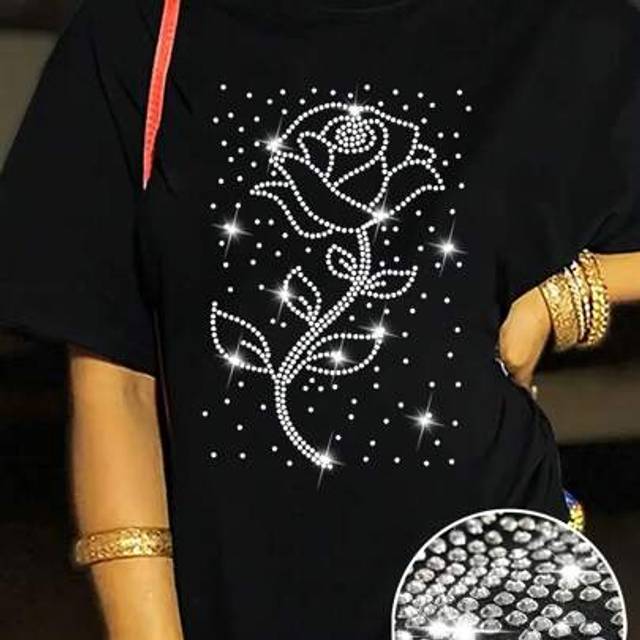 SHEIN Women&#39;S Sparkling Diamond Flower Print Casual Crew Neck Short Sleeve T-Shirt
