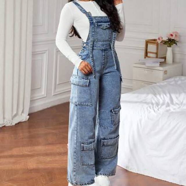 SHEIN Women&#39;s Casual Street Style Flap Pocket Denim Bib Overall Jumpsuit, T-Shirt Not Included