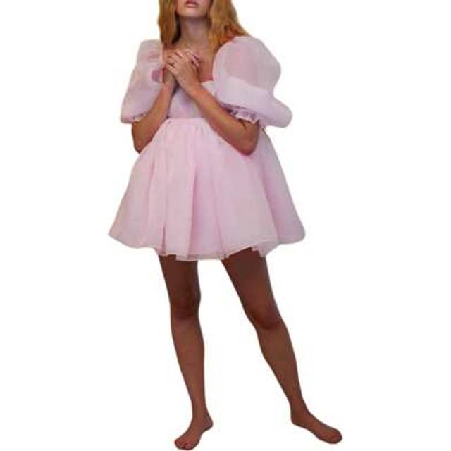 SHEIN Women Summer Puffy Dress, Solid Color Square Neck Bubble Sleeve One-Piece Short Dress For Ladies, Pink/Purple/Yellow
