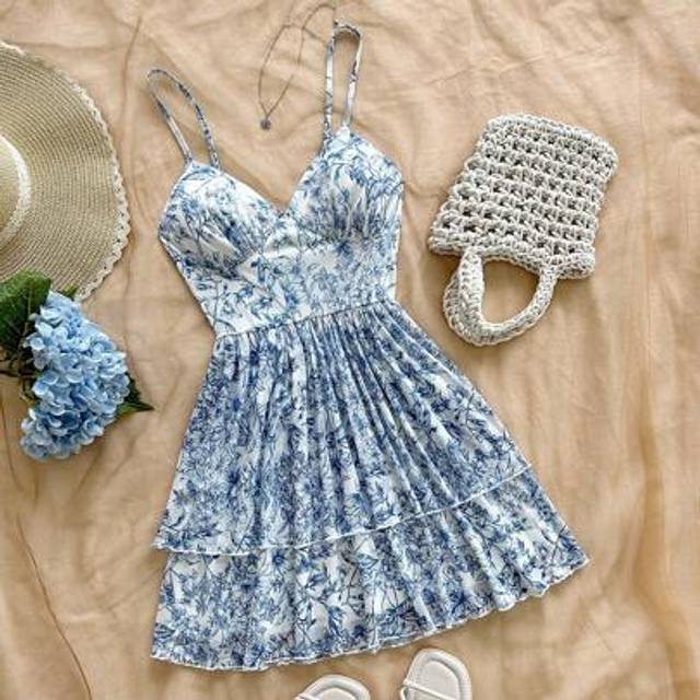 Soleia Spring And Summer Vacation Blue And White Floral Mesh Print Sling V-Neck Gathered Slim Backless Women&#39;s Mini Cake Layer Dress Holiday Date Afternoon T