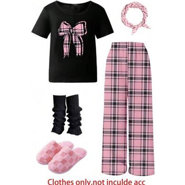 SHEIN Teen Girls Summer Pajama Set, Simple Solid Color Round Neck Short Sleeve Bow Printed Top Paired With Pink Plaid Pants, Casual & Comfortable 2 Pieces L
