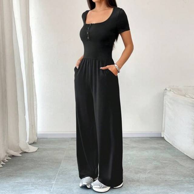 Flirla Button-Down Half-Zip Short Sleeve Culotte With Pockets Black Jumpsuit