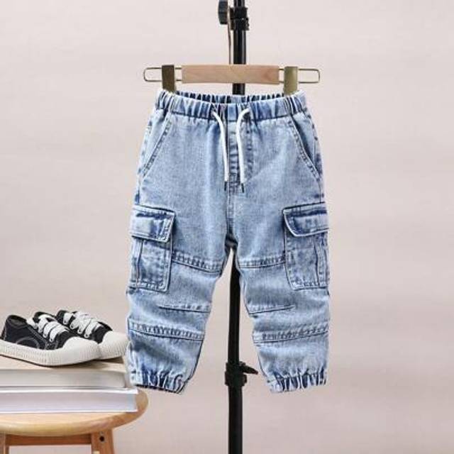 SHEIN Baby Boys Vintage Casual Streetwear Loose Comfy Multi-Pocket Elastic Waist Drawstring Ankle-Tie Washed Light Blue Denim Cargo Pants
