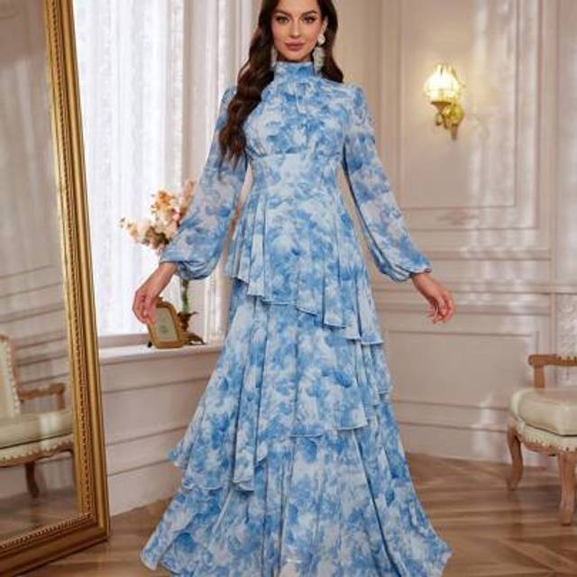 SHEIN Elegant Women Floral Print Stand Collar Lantern Sleeve Ruffle Hem Dress,Party Dress,Gown,Formal,Evening,Wedding Guest