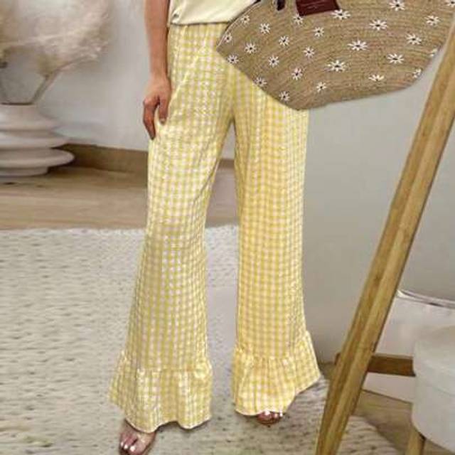 INAWLY Women&#39;s Plaid Print Ruffled Hem Casual Versatile Long Pants