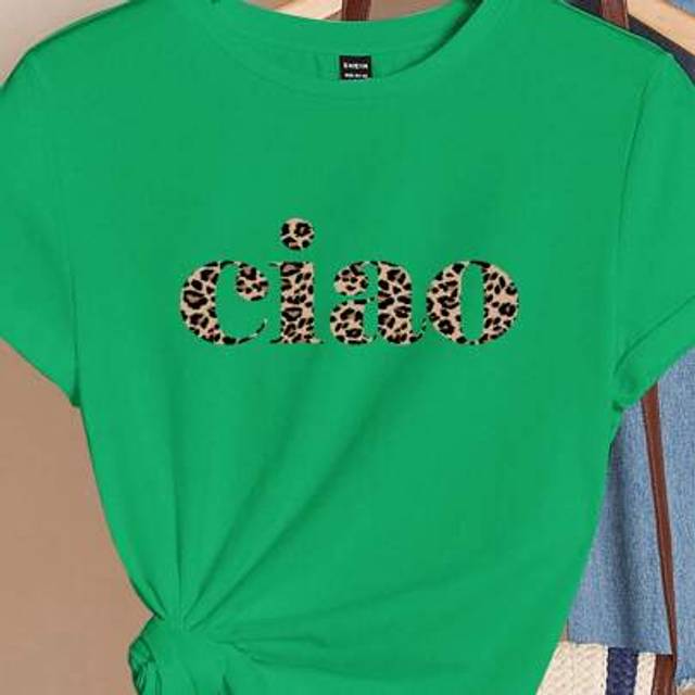 SHEIN Ciao Casual Leopard Print & Letter Pattern Loose Fit Round Neck Short Sleeve Women T-Shirt, Suitable For Summer