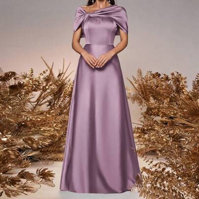 SHEIN Women&#39;s Elegant Romantic Sage Green Satin Off Shoulder Twisted Asymmetrical Capelet Style Bow A-Line Formal Bridesmaid Dress Suitable For Weddings