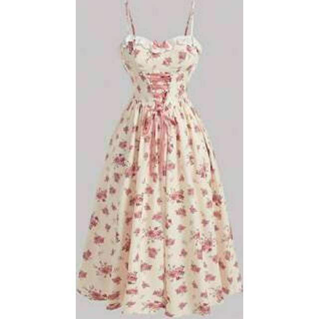 SHEIN Floral Print Lace Up Front Cami Lace Patchwork Bow Embellished Bust Cup Long Dress,Pastel Dresses For Women