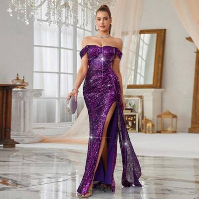 SHEIN Women Haute Purple Sequin Off-Shoulder Sleeveless Cinched Waist High Slit Maxi Formal Dress,Elegant Prom Evening Dress, For Wedding Guest, Graduation,