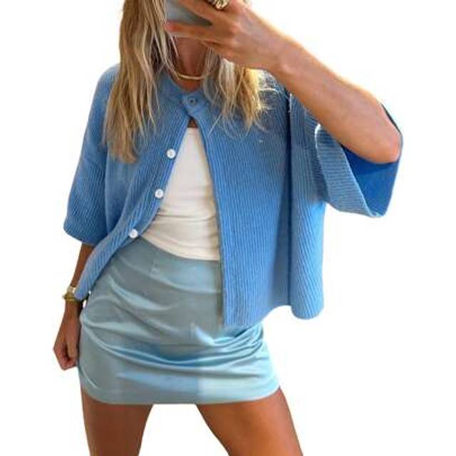 SHEIN Women&#39;s Solid Color Cardigan Short Sleeve Round Neck Button Down Sweater Knit Tops