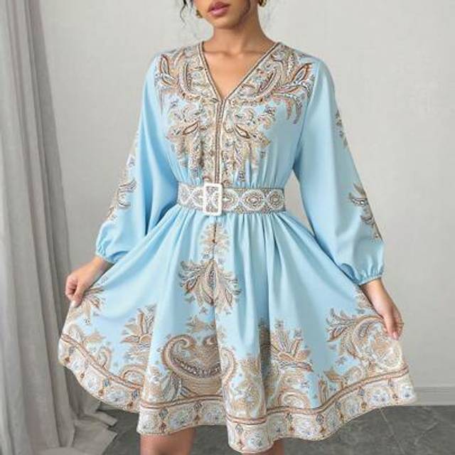 Calvaya Women&#39;s New Fashion Retro Placement Printed Long Sleeve Cinched Waist Waist Peplum Mini Dress