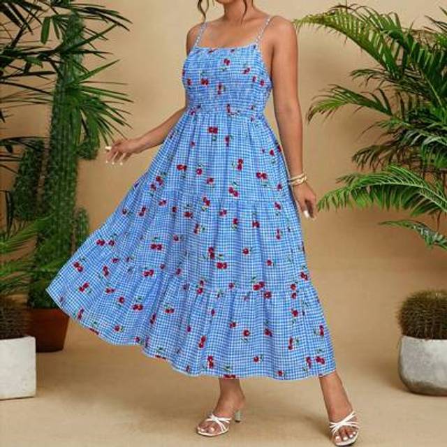 SHEIN Plus Size Spring/Summer Elegant Women&#39;s Maxi Printed Cherry Vest Dress, With Drawstring Design, Vacation Beach Dress, Spring Dress, Sundress, Romantic