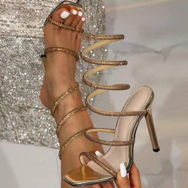 SHEIN European & American Fashion Sexy Super High Heel Women Sandals With Crystal Snake Twined Decor, Square Toe High Heel Party Dress Sandals, Silver