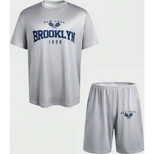 SHEIN Text Graphic Crew Neck Short Sleeve T-Shirt And Shorts Men Pajama Set