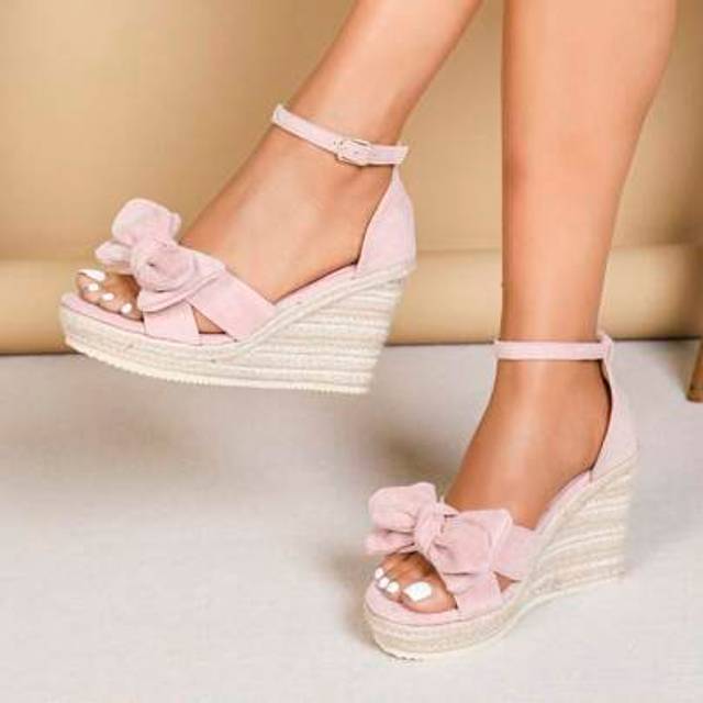 SHEIN Women&#39;s Fashion Wedge Sandals, Faux Suede Bowknot Round Toe Platform Sandals, Rope Bottom Thick Sole, Back Covered, Solid Color, Outdoor Summer Style,