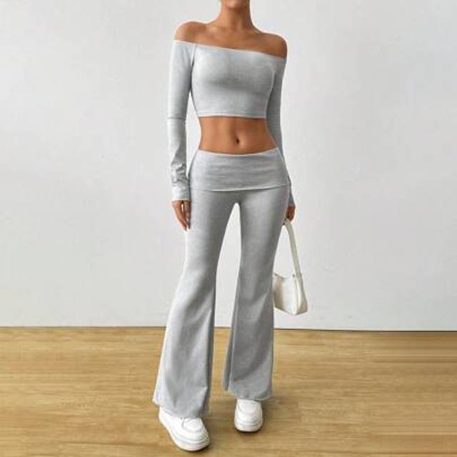 SHEIN Off-The-Shoulder Long Sleeve Crop Top And High Waist Flared Pants Set
