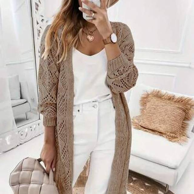 SHEIN Casual Long Sleeve Solid Pointelle Knitted Cardigan - Button Front - Women&#39;s Clothing