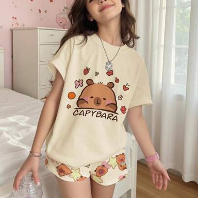 SHEIN Tween Girls Casual Minimalist Round Neck Short Sleeve Shorts Pajamas, Suitable For Summer