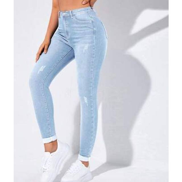 SHEIN Spring High Waist Slant Pocket Ripped Skinny Jeans
