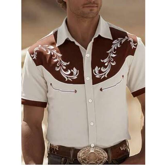 SHEIN Men&#39;s Western Cowboy Print Short Sleeve Casual Button-Up Shirts, Fashionable Country-Style Clothing Suitable For Casual And Formal Occasions, Trachten
