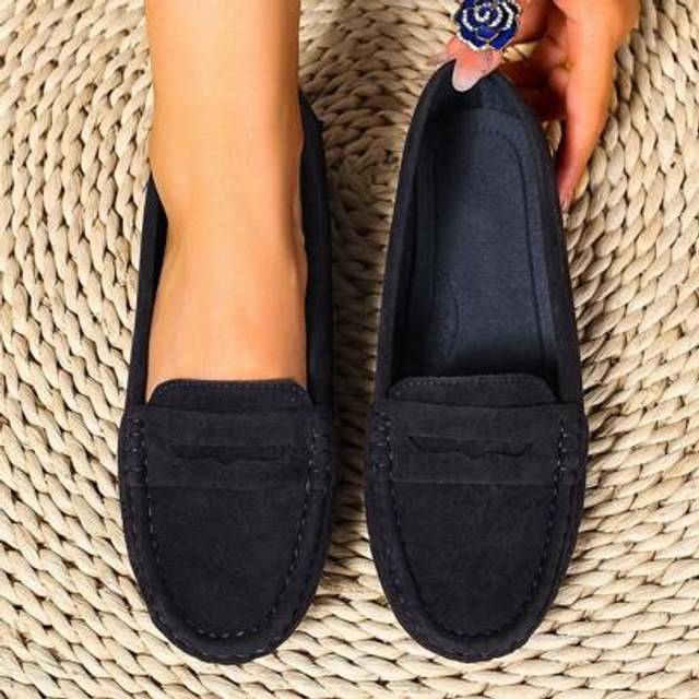 SHEIN New Women Suede Knit Navy Blue Flat Shoes,Elegant Flats, All-Season Comfortable Solid Color Slip On Loafers, Round Toe Versatile Casual High-End Light