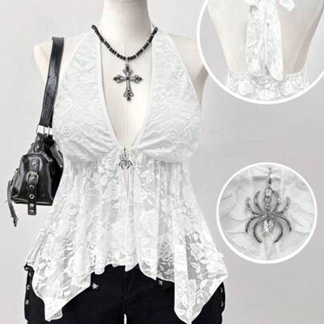 SHEIN Plus Size Women Spaghetti Strap Lace Hollow See-Through Spider Decor Irregular A-Line Punk Retro Casual Street Style Camisole Tank Top, Spring/Summer