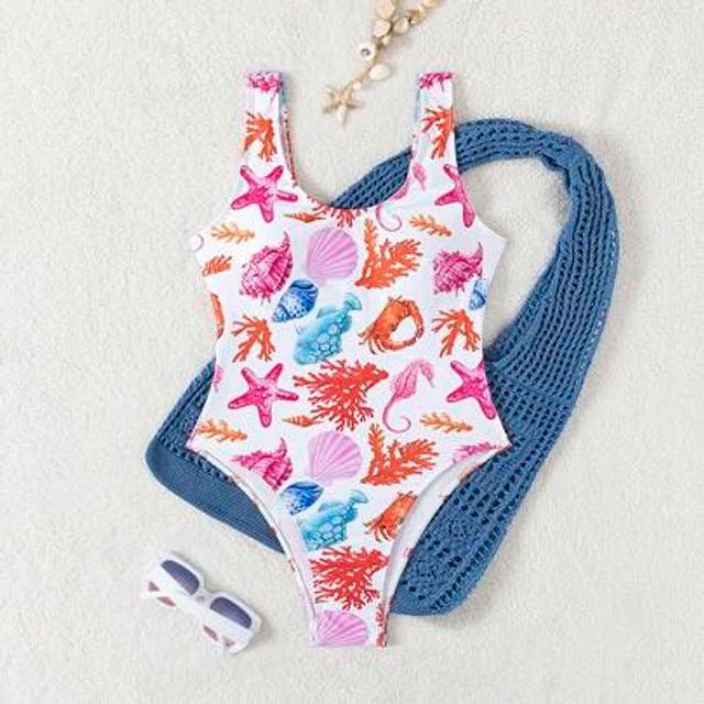 SHEIN Women&#39;s Random Printed One-Piece Swimsuit, Round Neck Sleeveless Backless Beach Cute One Piece Swimsuit, Summer