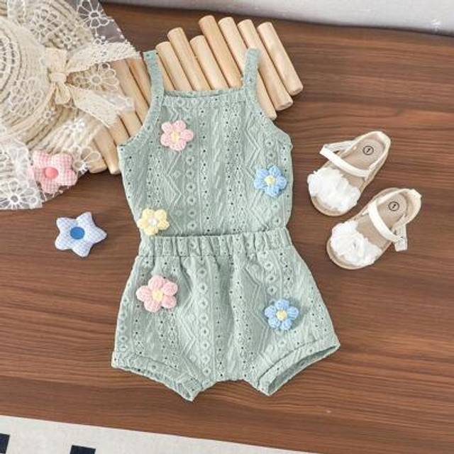 SHEIN 2pcs Baby/Toddler Girl Cute Suspender Romper + Shorts Set, Lightweight Summer