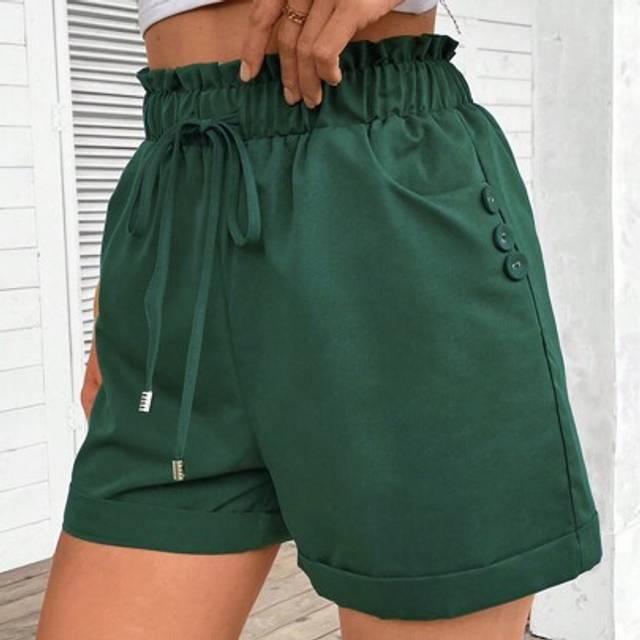 SHEIN Women&#39;s Solid Paper Bag Waist Pockets Casual Versatile Shorts