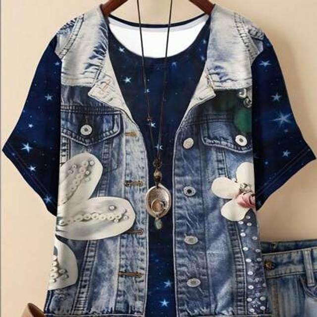 SHEIN Plus Size Women Fashion Denim Effect Print Patchwork Round Neck T-Shirt