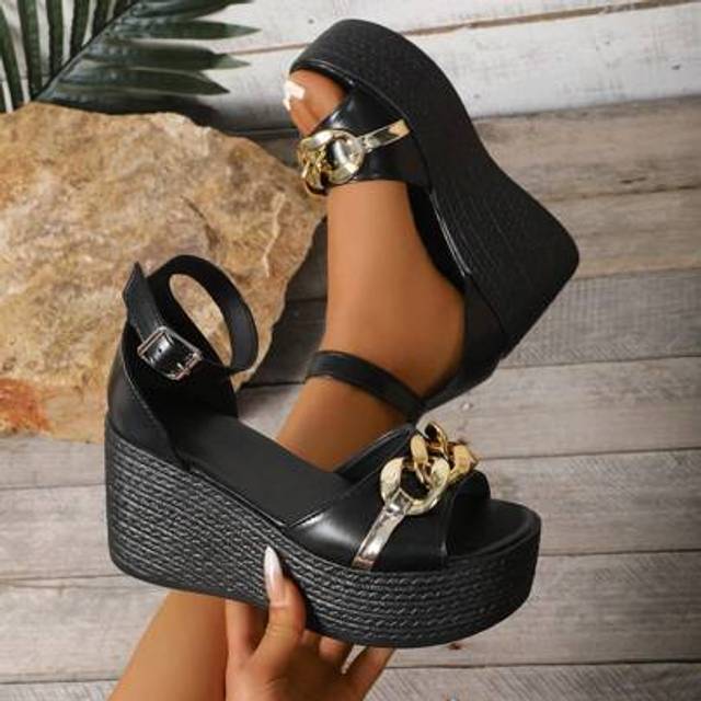 SHEIN Women&#39;s Fashion Metal Chain Buckle Platform High Heel Ankle Strap Sandals, Sexy Clubwear Party Holiday Versatile High-End Wedge Comfortable Heels