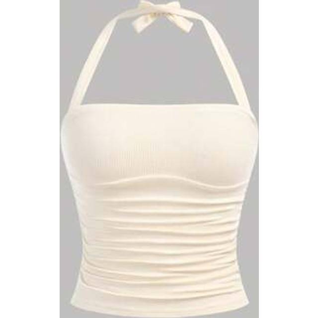 SHEIN Teen Girls&#39; Versatile, Casual, Basic Vacation Halter Neck Crisscross Ribbed Bodycon Crop Top, Spring & Summer