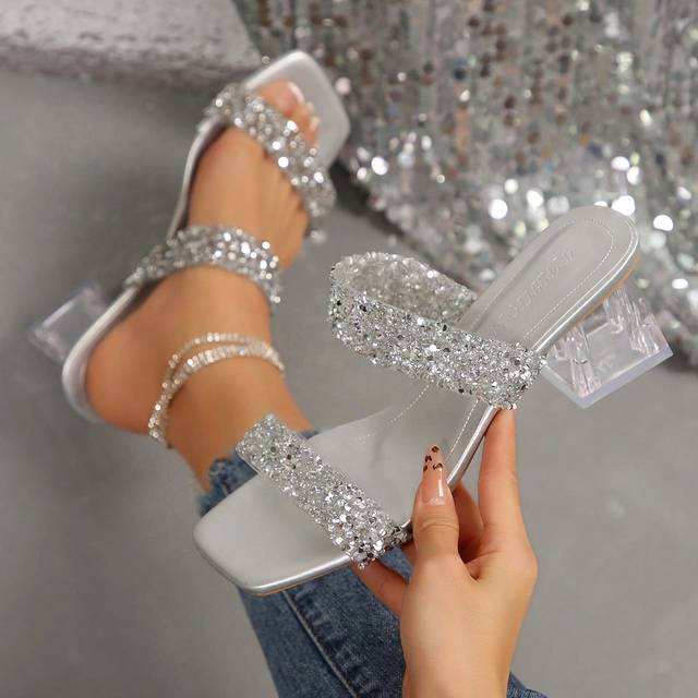 SHEIN New Plus Size Women Casual Comfortable Simple Parallel Square Toe Rhinestone Decor Elegant Wedge Heel Sandals, Summer Valentines