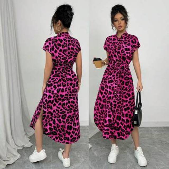 Chiquease Women&#39;s Casual Vacation Travel Leopard Print Front Button Shirt Belt Bow Pocket Side Slits 2025 Summer New Short Sleeve Long Dress