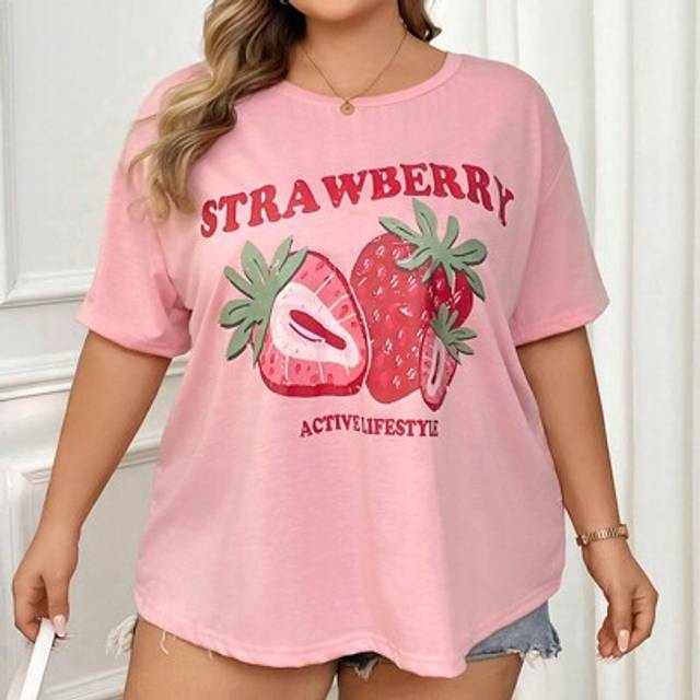 SHEIN Plus Size Summer Oversize T-Shirts Casual Minimalist Strawberry Print Pattern Round Neck Short Sleeved Ultra Loose T-Shirt Suitable For All Seasons