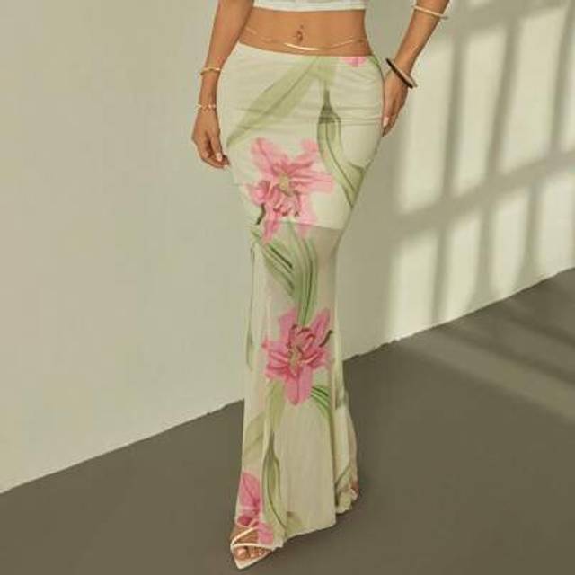 SHEIN Women&#39;s Printed Low-Waist Mesh See-Through Romantic Date Tight Skirt