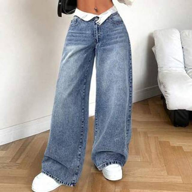SHEIN Women&#39;s Loose Wide Leg Jeans, Sexy Low Waist Blue Denim Style Look
