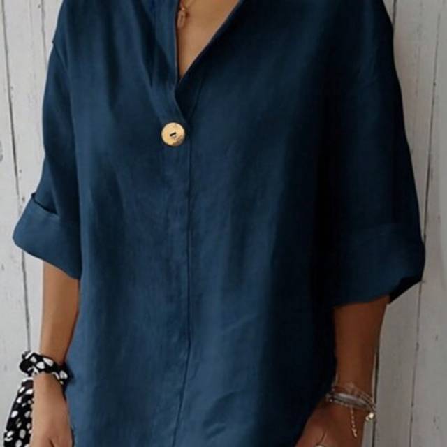 SHEIN Women&#39;s Casual Oversize Solid Color V-Neck Button Detail Shirt Linen Comfortable Breathable Lightweight Large Buttons Unique Design Long Sleeve Shirt