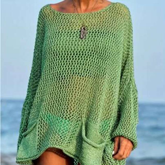 SHEIN Women&#39;S Plus Size Sexy Hollow-Out Loose Vacation Beachwear Knit Coverup With Pockets, Long Sleeves, And Round Neckline