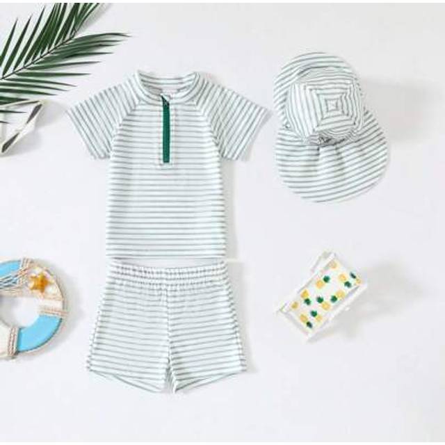 SHEIN 3pcs/Set Baby Boy Summer Outdoor Quick-Dry Milk Silk Striped Round Neck Front Zipper Short Sleeve Swimsuit + Shorts, Kids Striped Swimwear Set (Includ