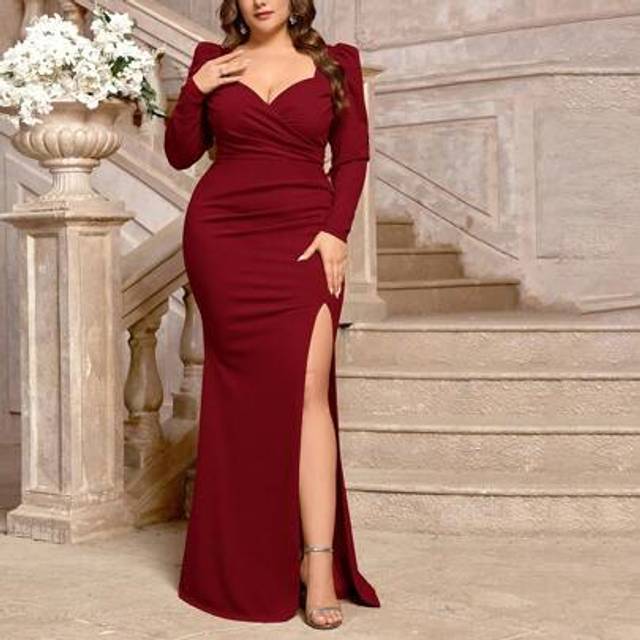 SHEIN Plus Size Caramel Color Elastic Fabric Bishop Sleeve High Slit Elegant Bridesmaid Dress