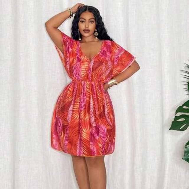 SHEIN 1pc Plus Size Women Tropical Print Beach Cover-Up Dress