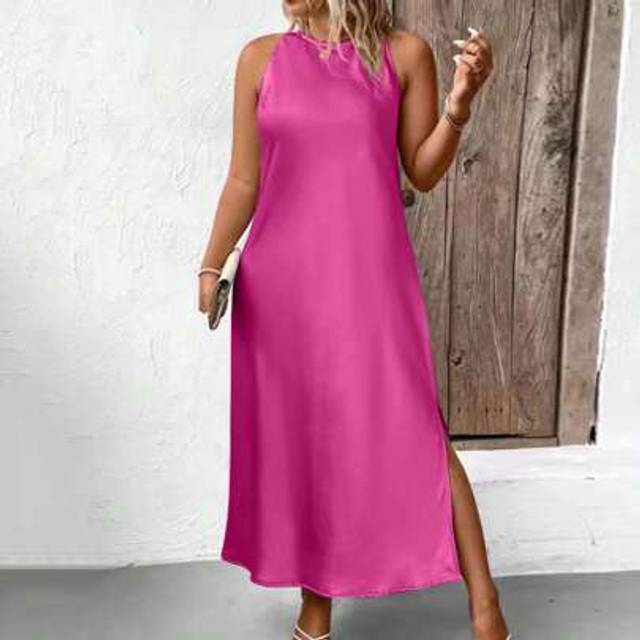 SHEIN Plus Size Solid Color Round Neck Split Hem Sleeveless Summer Dress Maxi Satin Women Outfit