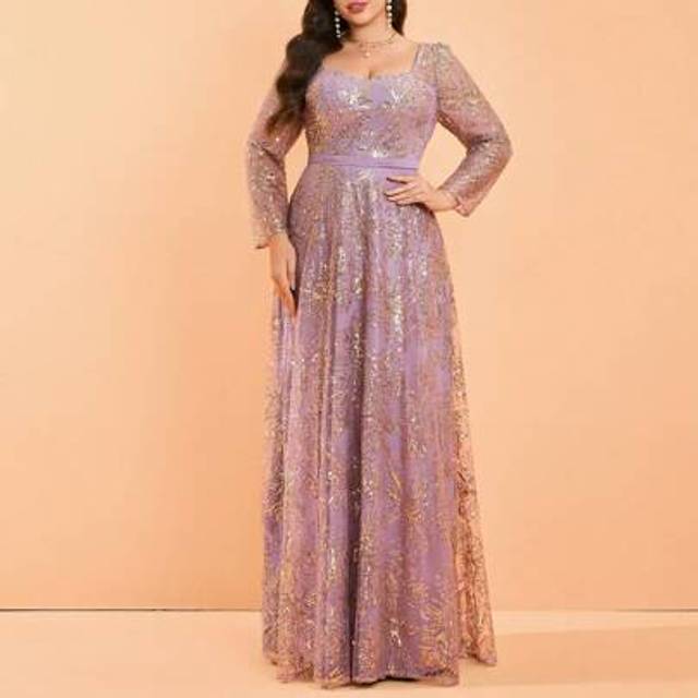 SHEIN Plus Size Mgiacy Sweetheart Neck Embroidered Sequins Beaded Long Sleeve A-Line Formal Evening Gown, Party Dress, For Wedding Guest