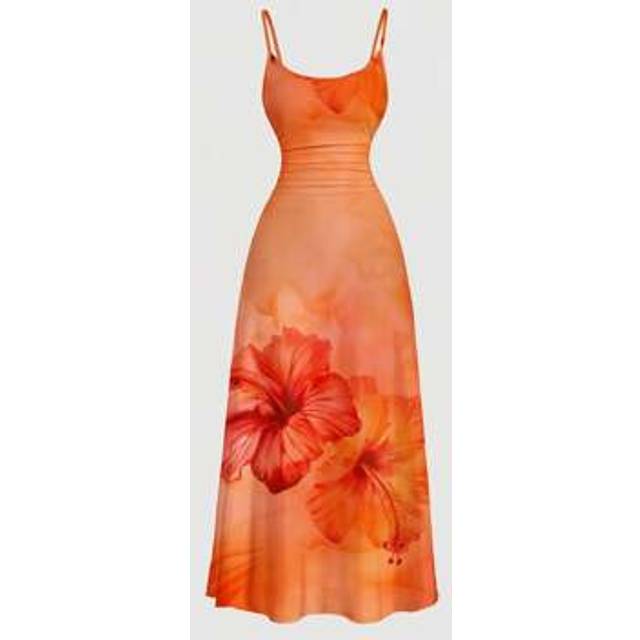 SHEIN Casual Elegant Orange Tie Dye Tie Dye Tropical Floral Hibiscus Print Waist Ruched Flowy Maxi Dress, Suitable For Summer Parties, Vacation, Beach, Vint