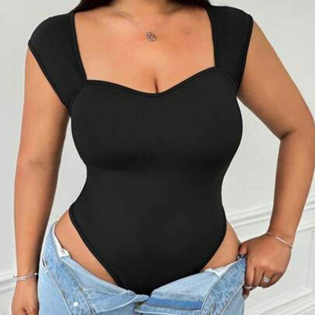 SHEIN Plus Size Black Wide Strap Sweetheart Neck Ribbed Knit Bodysuit For Women, Summer
