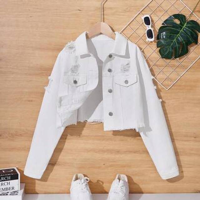 SHEIN Tween Girls Spring Summer Beach Boho Vacation White Washed Ripped Denim Jeans Jacket Top,Girls Summer Concert Rave Festival Streetwear Outfits