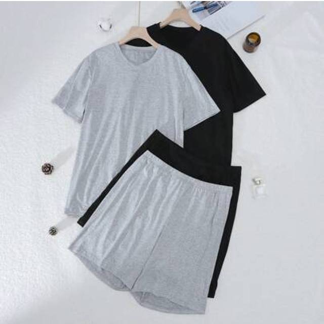 SHEIN Men Solid Color V-Neck Short Sleeve Top And Shorts Pajama Set